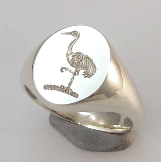 Crane bird crest seal engraved sterling silver 925 signet ring