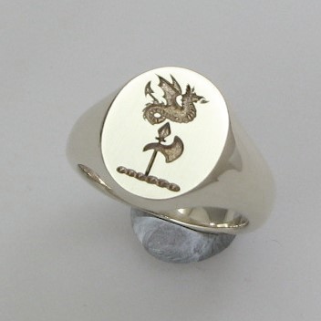 Wyvern on axe crest engraved signet ring