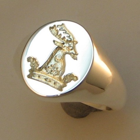 Rams head in crown crest engraved signet ring